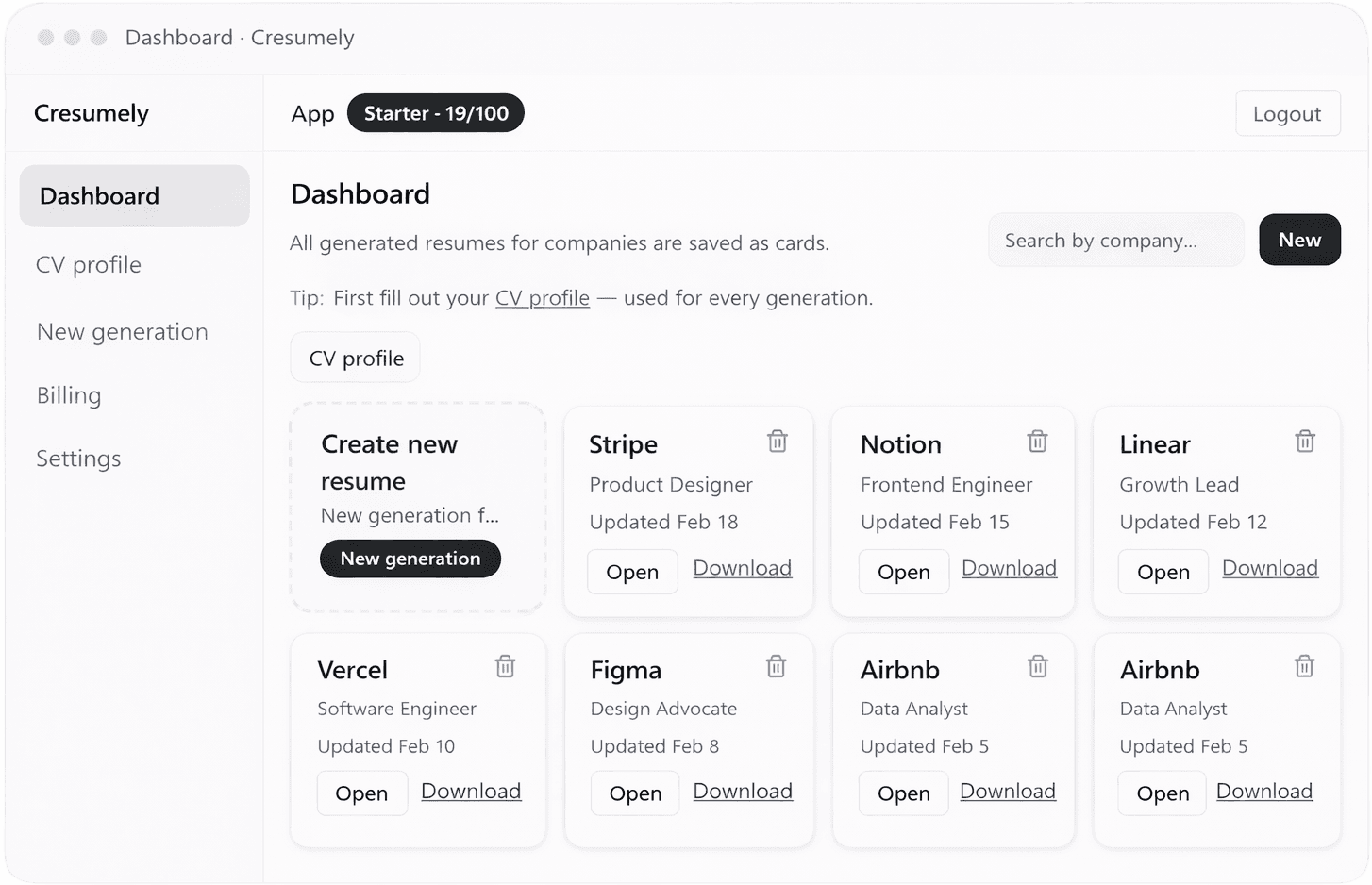 Cresumely Dashboard — manage your generated resumes