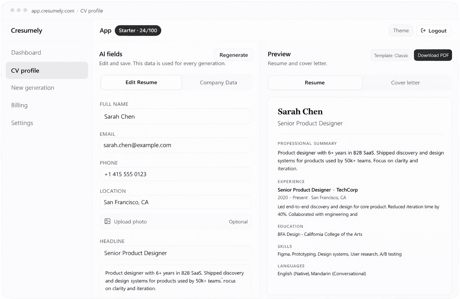 Cresumely CV profile — edit resume and preview